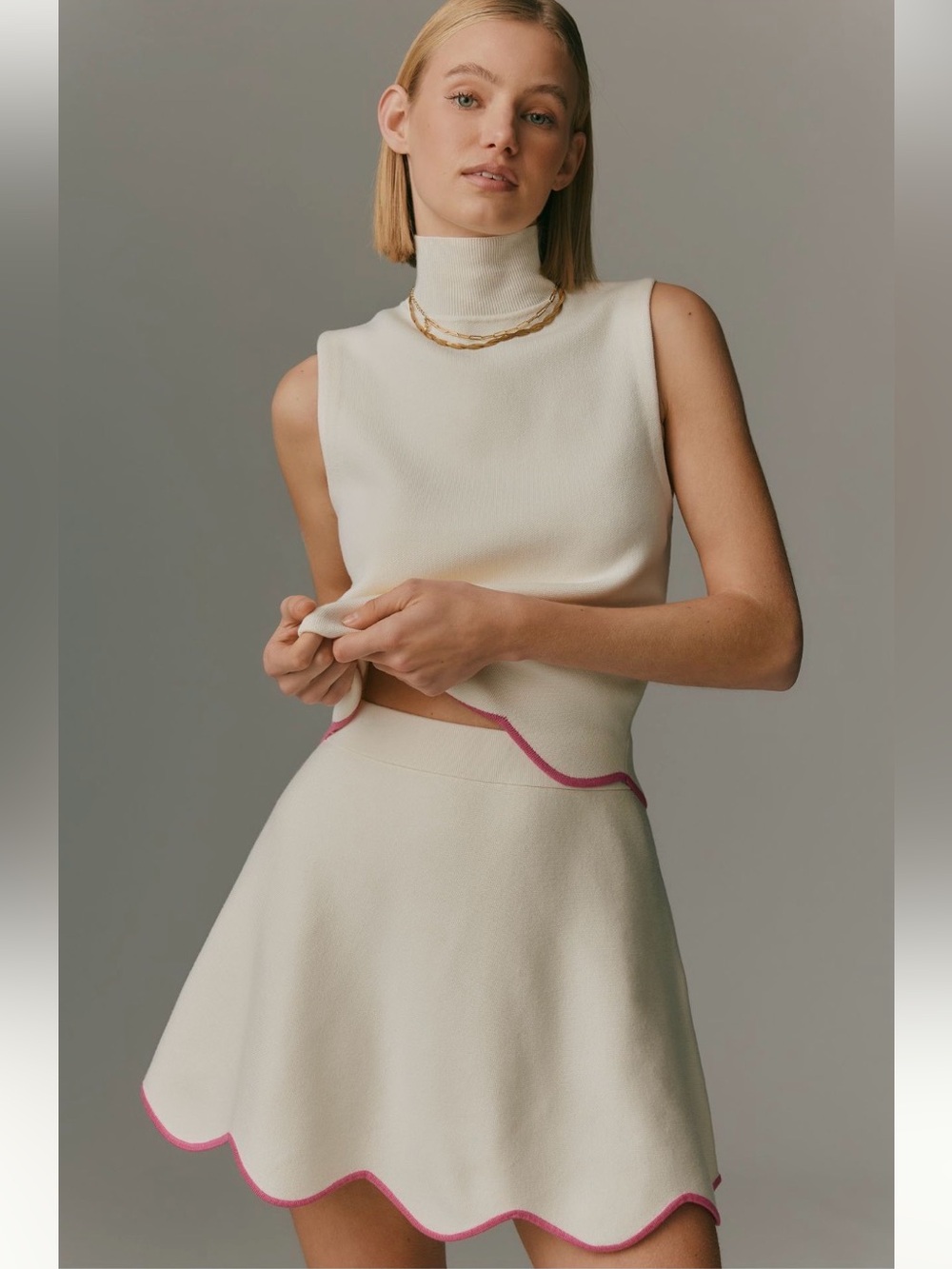 Anthropologie Coquette Scalloped Knit Skirt Set NWT M Ivory Pink Bridal